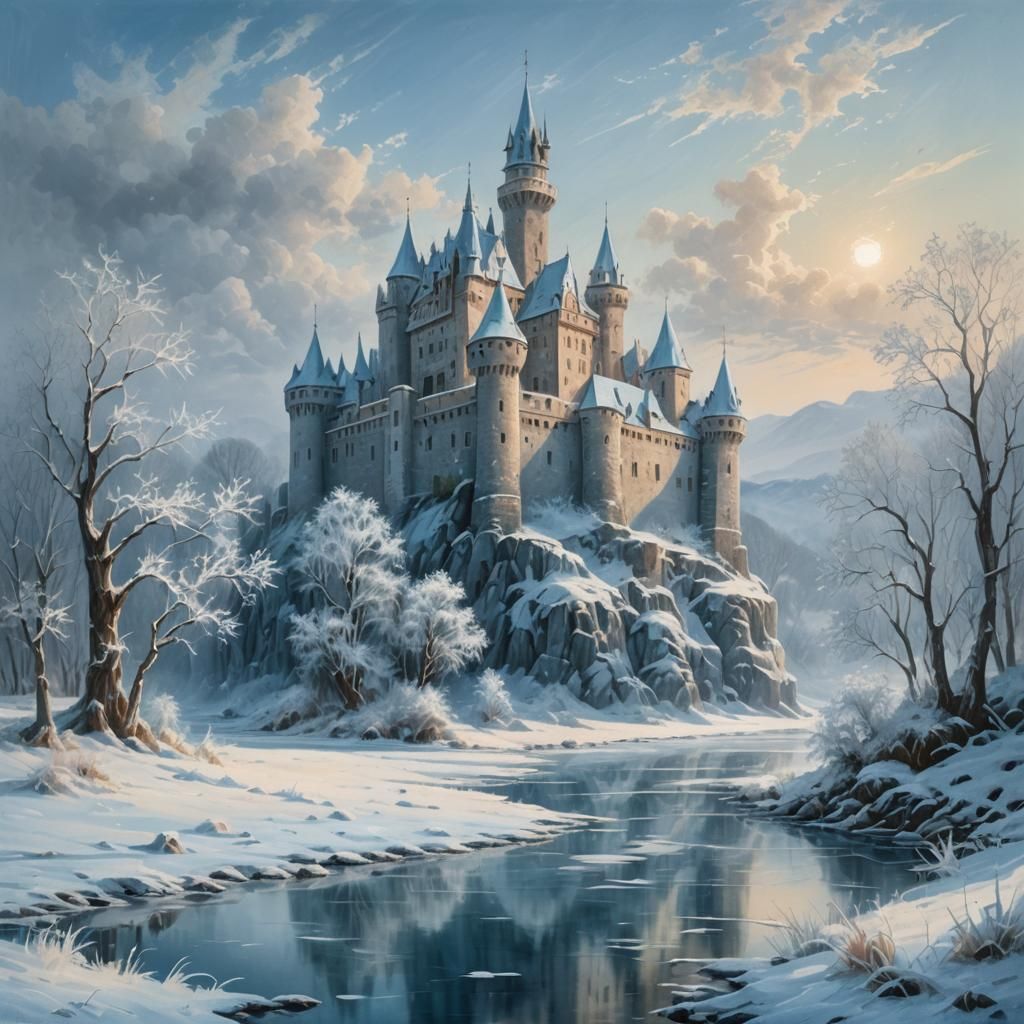 Frozen Medieval Castle in Winter Oil Painting Style