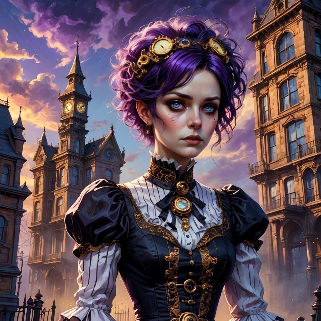 Steampunk Woman Outside Asylum: Hyperrealistic Digital Art