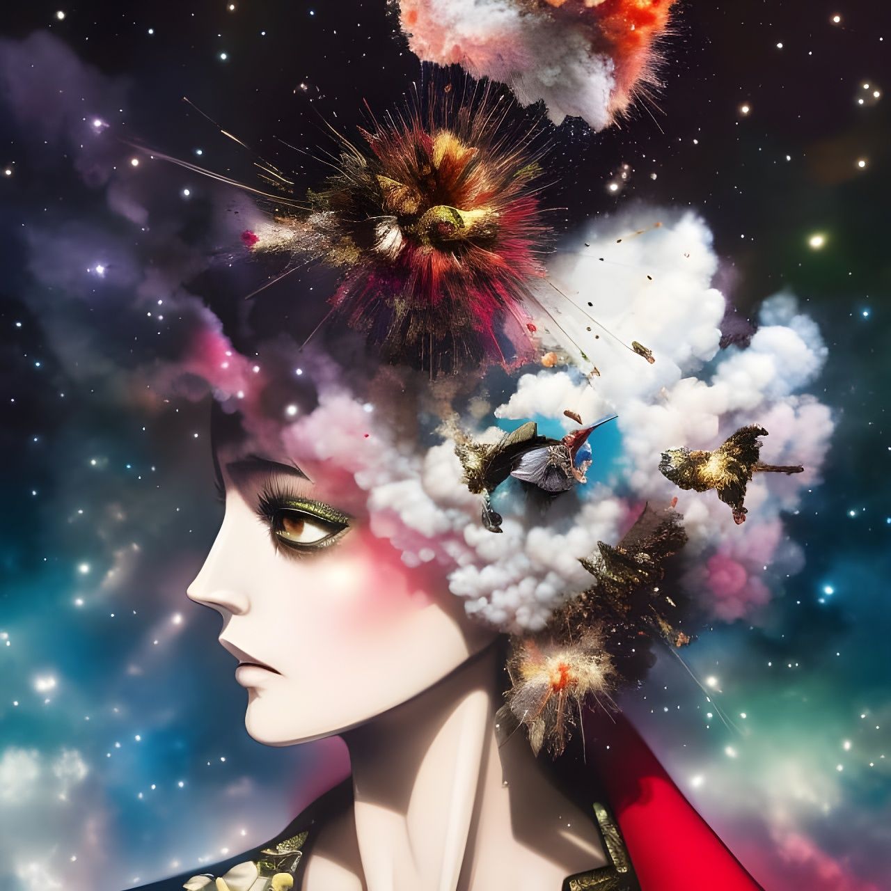 Fractured Skull Exploding Cosmic Dust in Gothic Noir Style