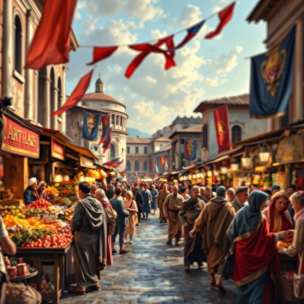 Bustling Marketplace in Ancient Rome, Renaissance Style