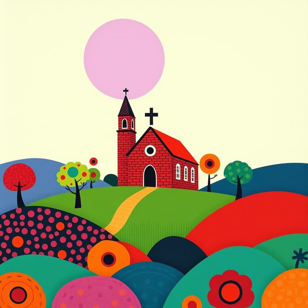 Whimsical Church in Folk Art Style