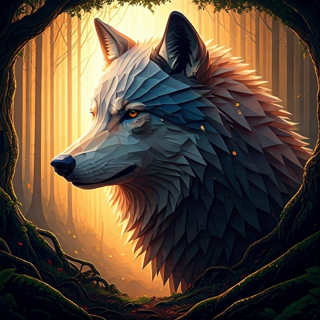 Neo-Cubist Wolf in Mystical Forest at Sunset