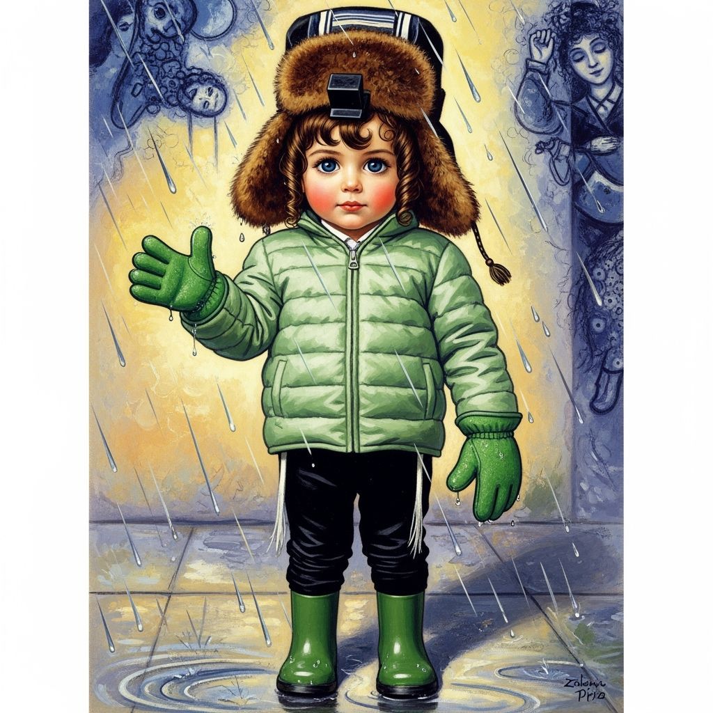 Young Haredi Boy in Green Jacket on Rainy Sidewalk