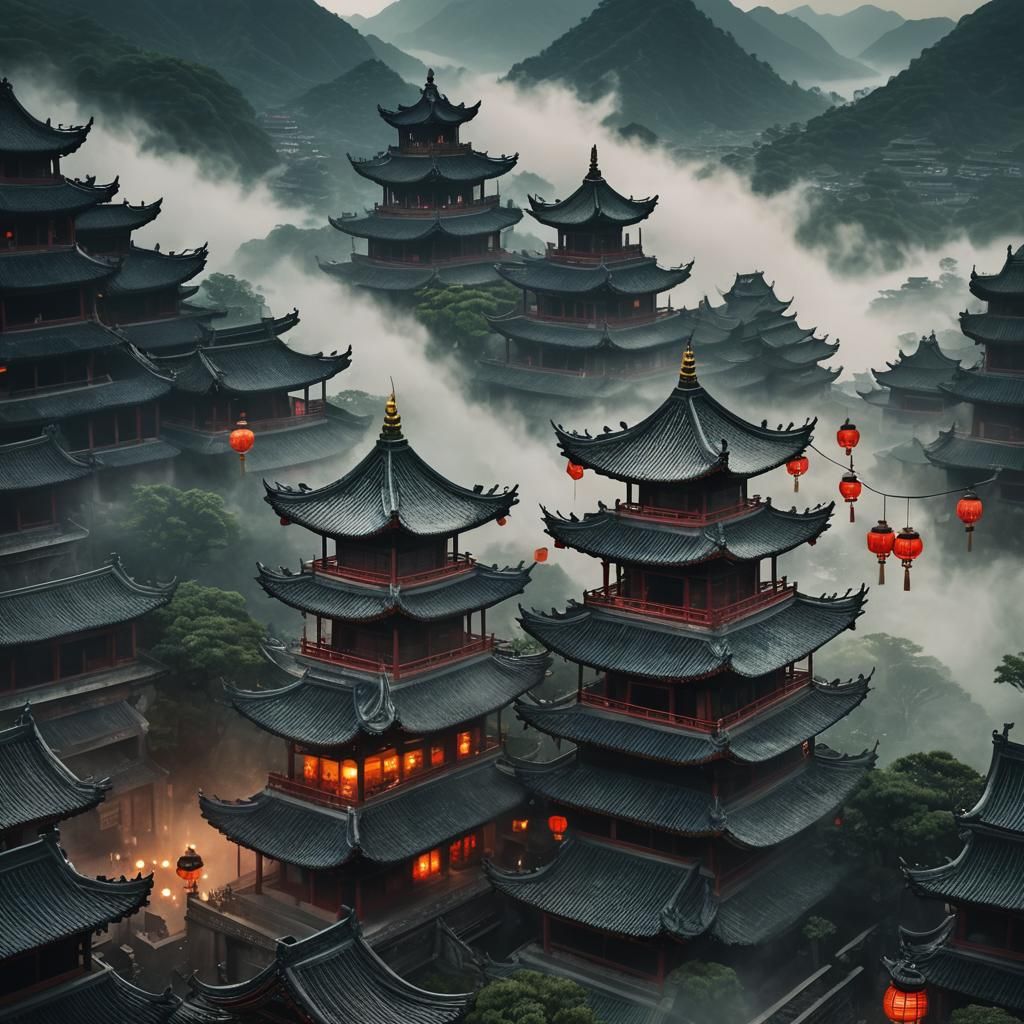 Mystical Chinese Pagoda in Dark Fantasy Style