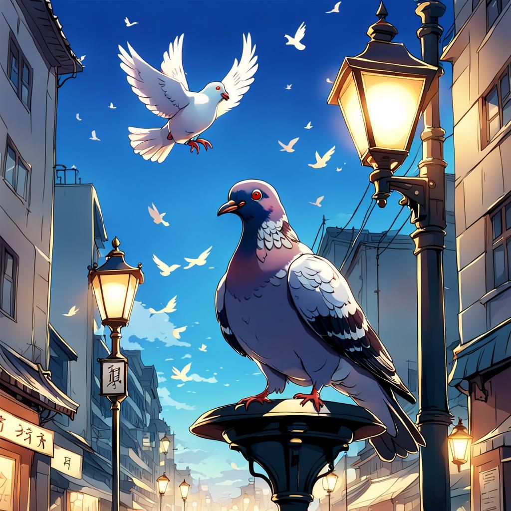 Pigeon Sings on Street Lamp in Anime Style