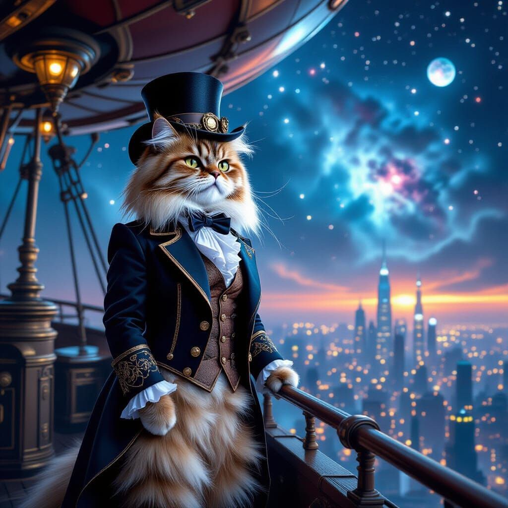 Steampunk Cat Captain Over Cyberpunk London