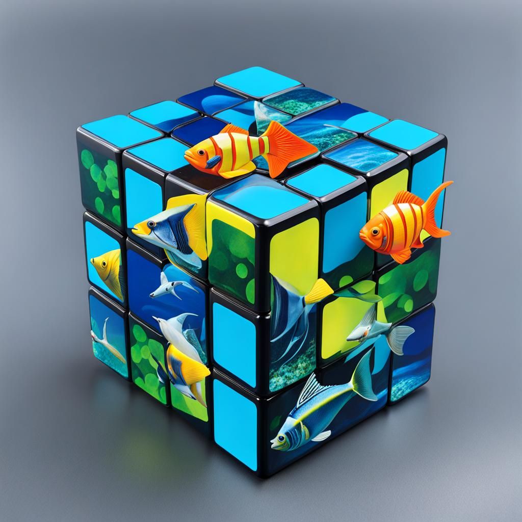 Underwater Rubik's  cube school of 
puzzle-piece-fish