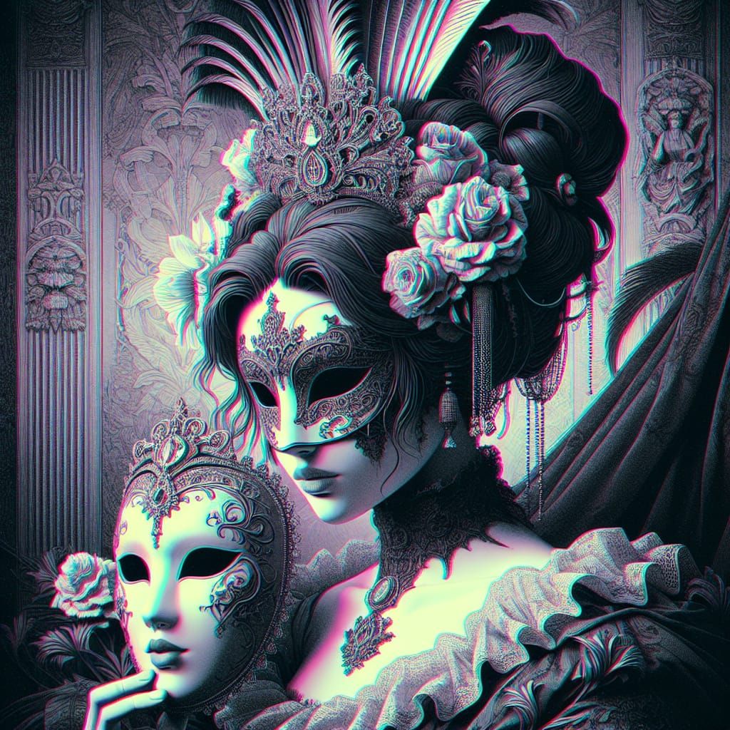 Pale Princess with Venetian Mask in Synthwave Horror