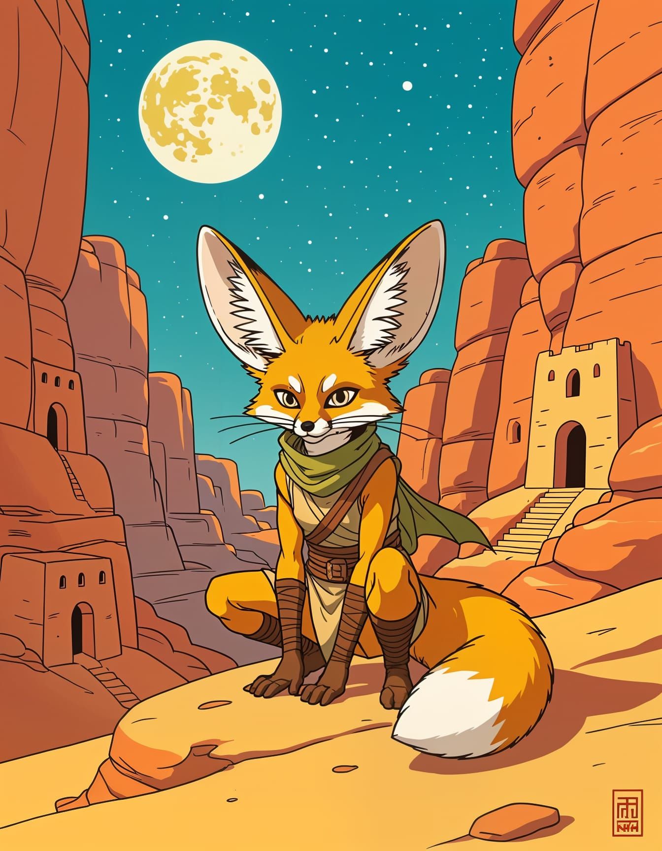 Fennec Fox Ninja in Moonlit Desert Canyon