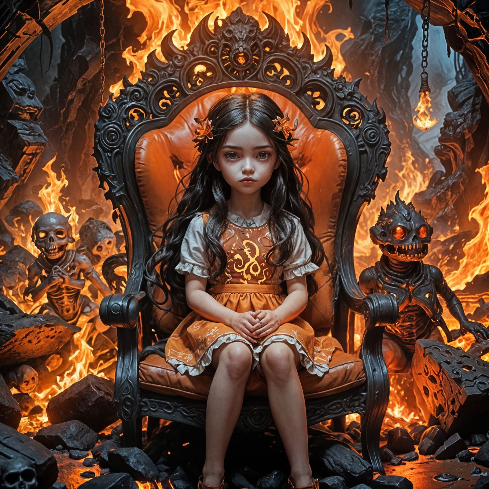 Girl on Beach Chair in Hellish Underworld