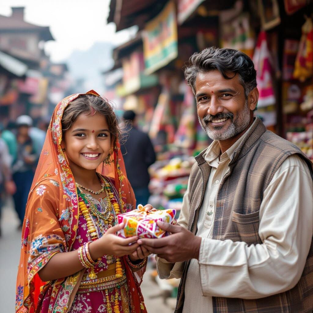 Nepalese Daughter Offers Chocolate to Father in Market