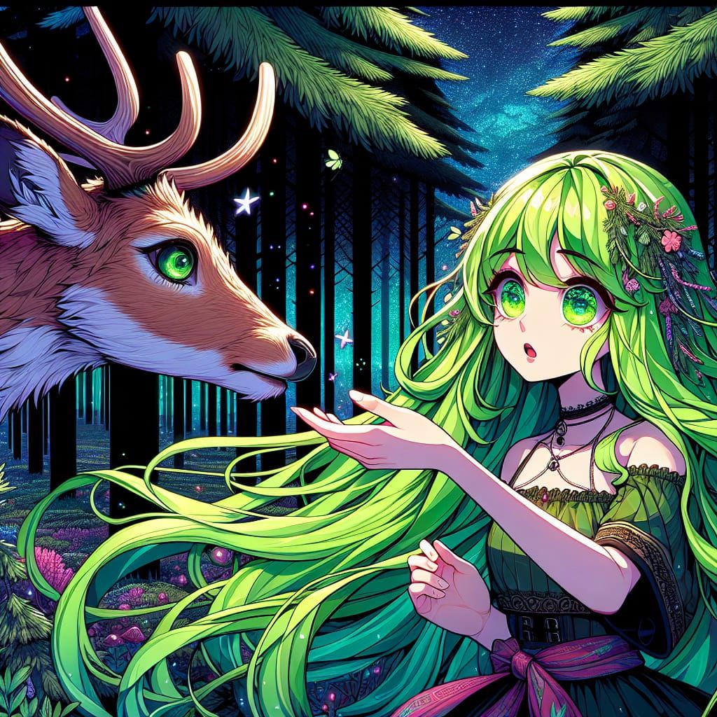 Ethereal Anime Girl and Stag in Pine Forest