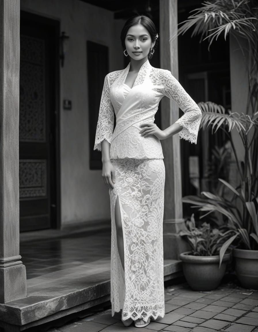 Vintage Photograph of Indonesian Woman in Courtyard