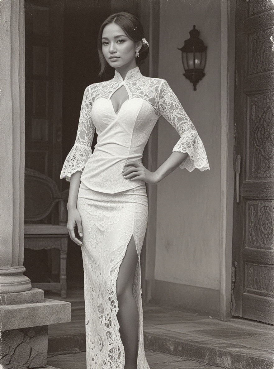 Vintage Indonesian Woman in Traditional Javanese Courtyard