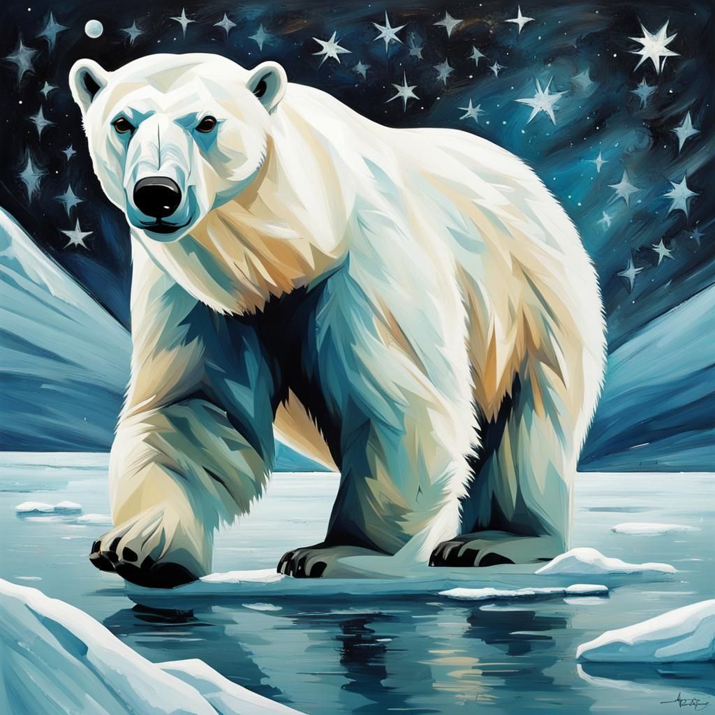 Polar Bear Runs on Ice Floe Under Stars