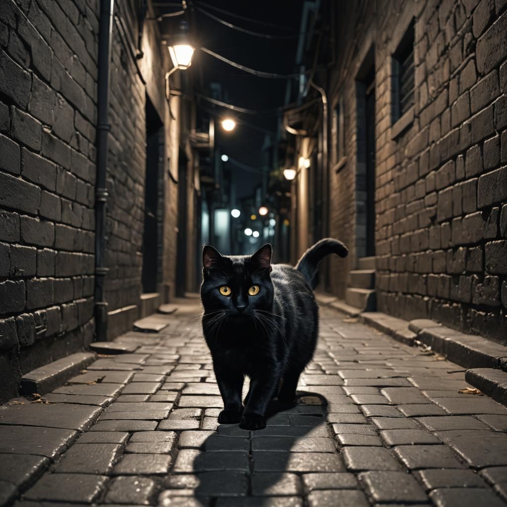 Black Cat in Dark Alley: Hyperrealistic Night Scene