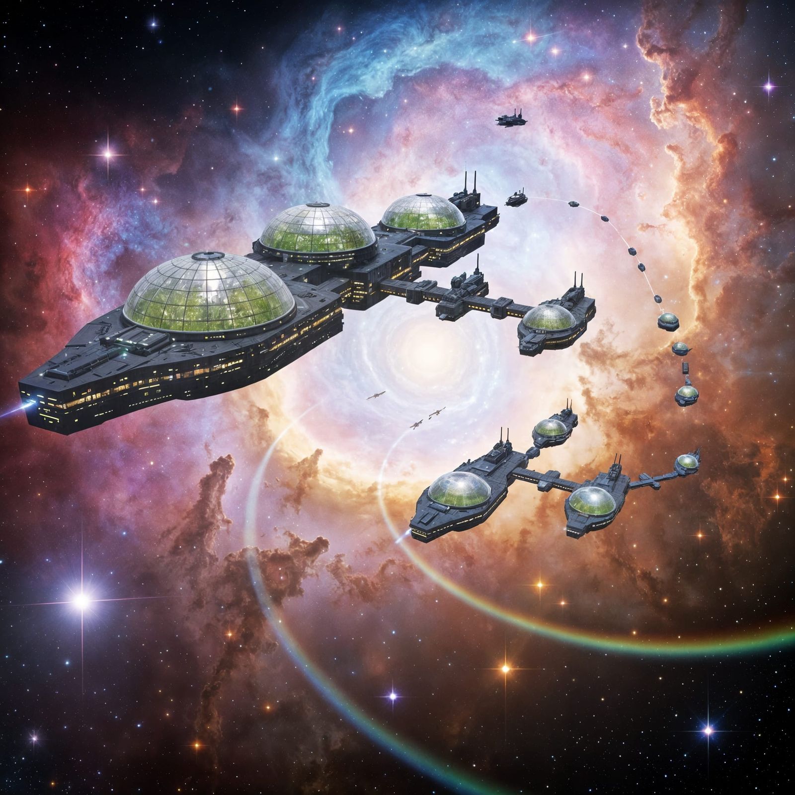 Spectacular Colony Ship Convoy Through Stellar Nebula