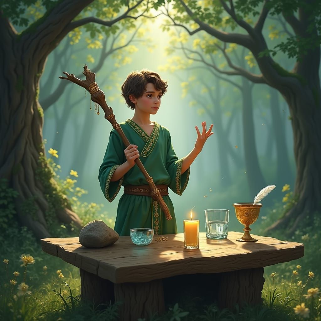 Youthful Figure in Enchanted Forest Glade with Golden Accent...