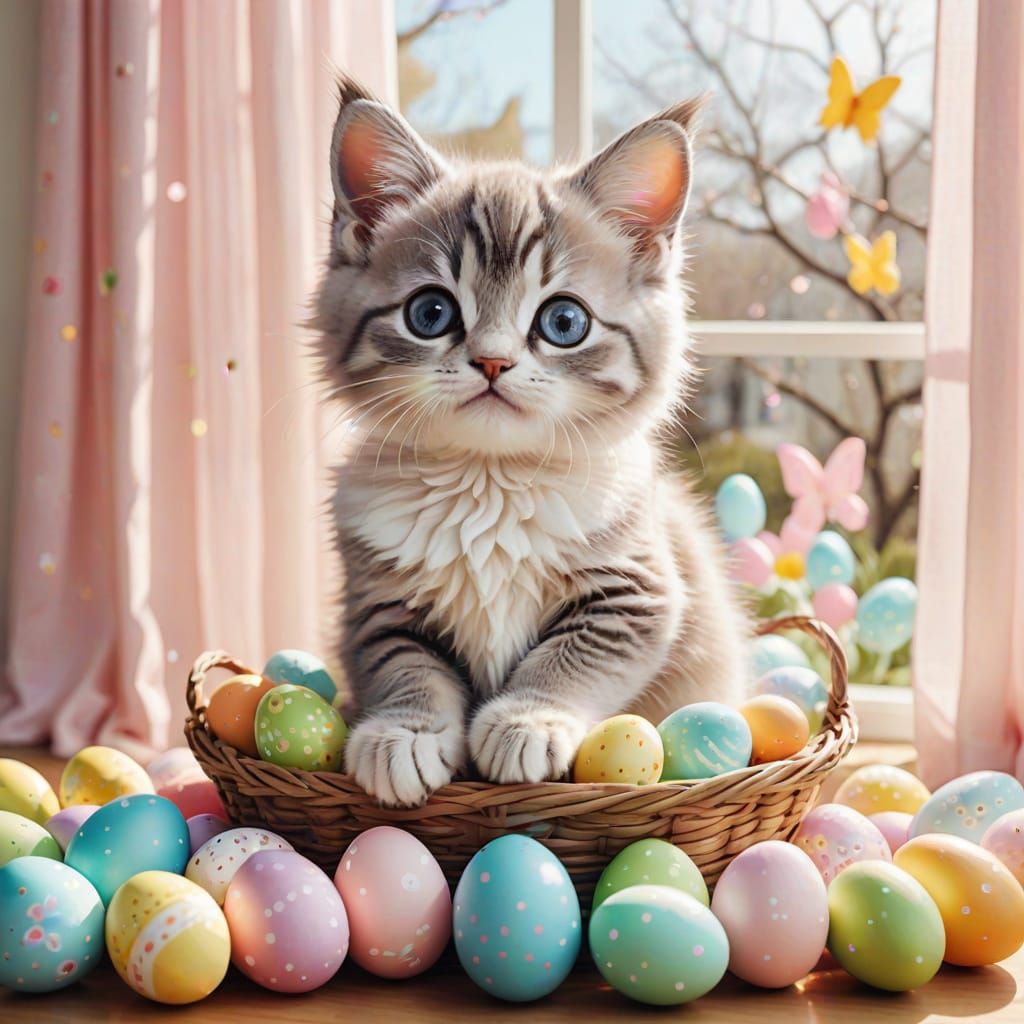 Whimsical Easter Kitten in Pastel Hues