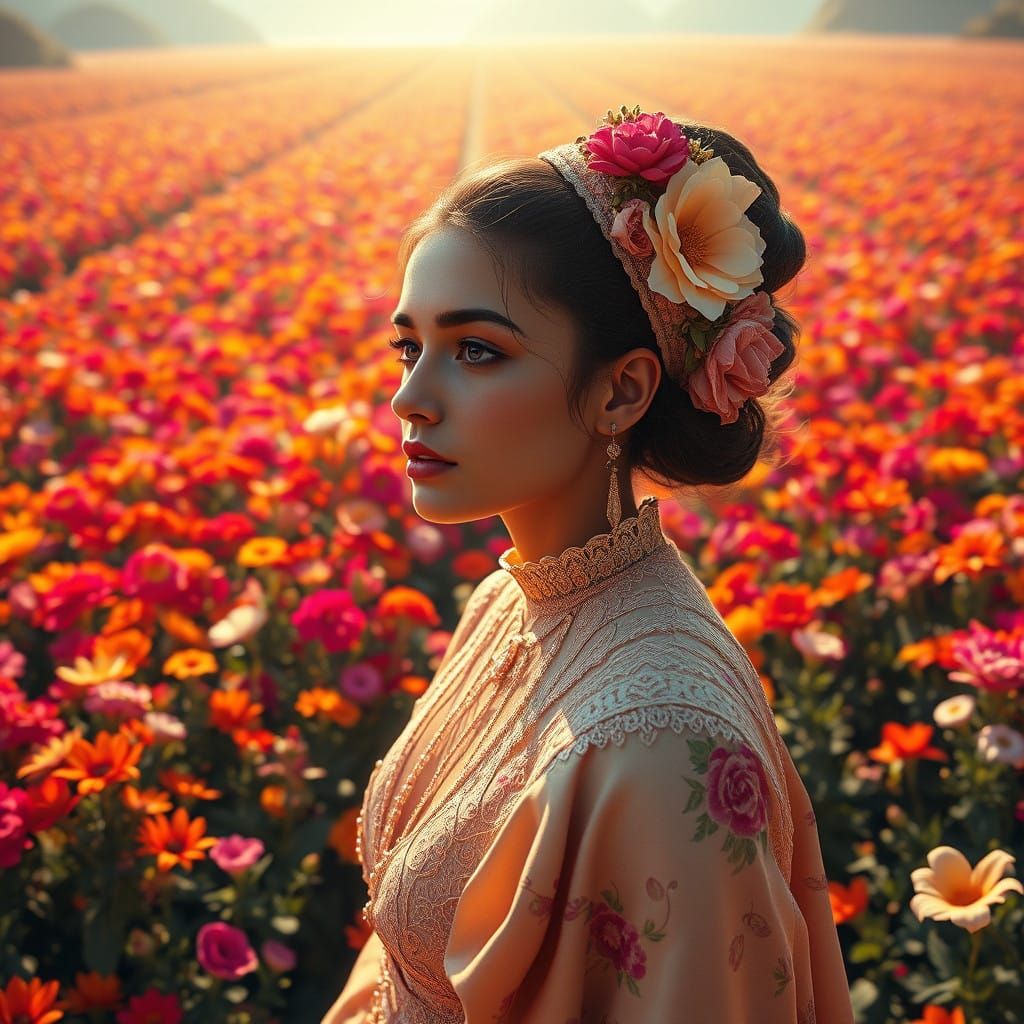 Vibrant Garden Scene with Portrait in Art Nouveau Style