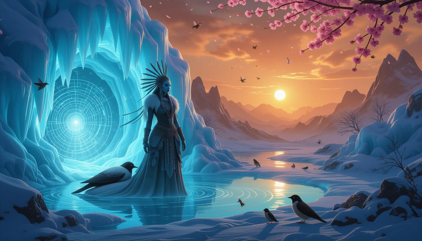 Shaman in Bioluminescent Oasis Amidst Cosmic Snow