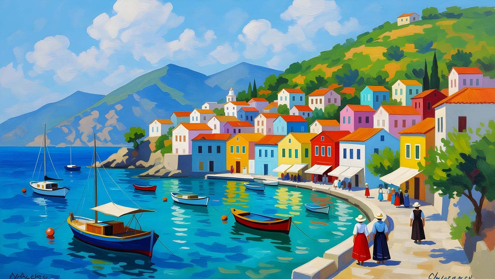 Greek Island Village in Soft Impressionist Style