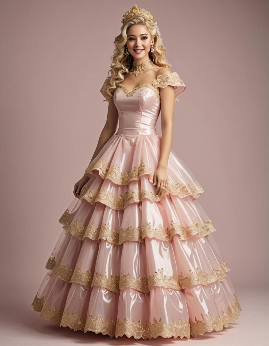 Blonde Woman in Shiny Pink Quinceanera Gown