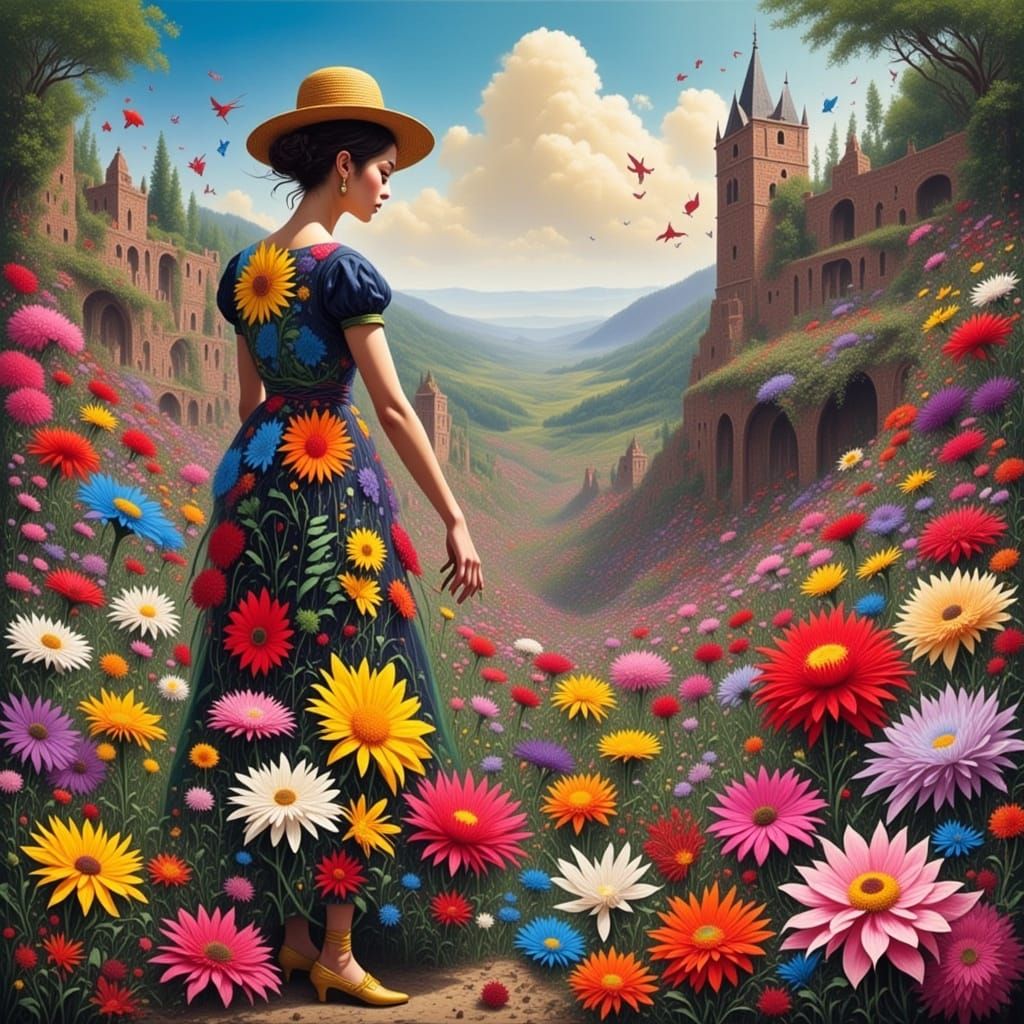 Gardener in Amphitheater: Abstract Painting with Vibrant Col...