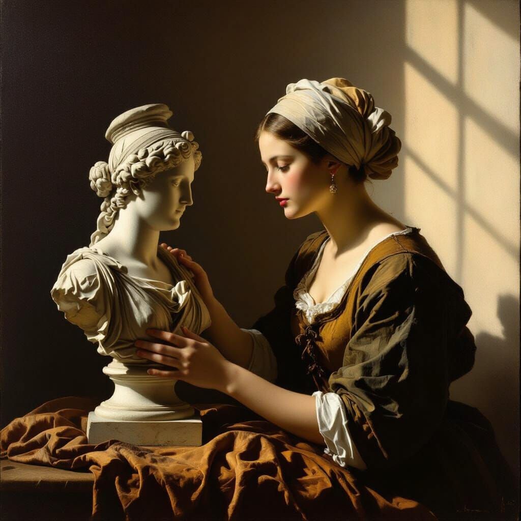 Woman Imitating Statue in Vermeer Style