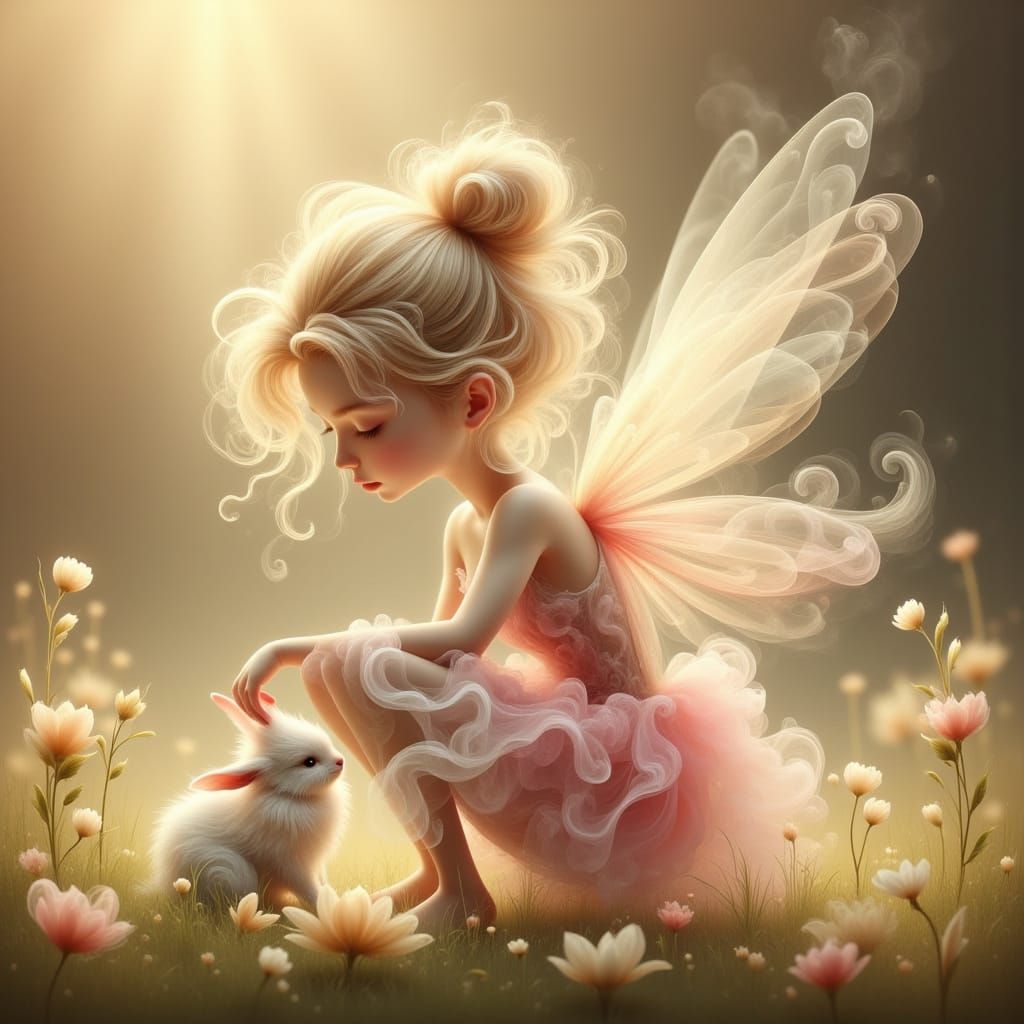 Ethereal Fairy Petting Bunny in Flower Field