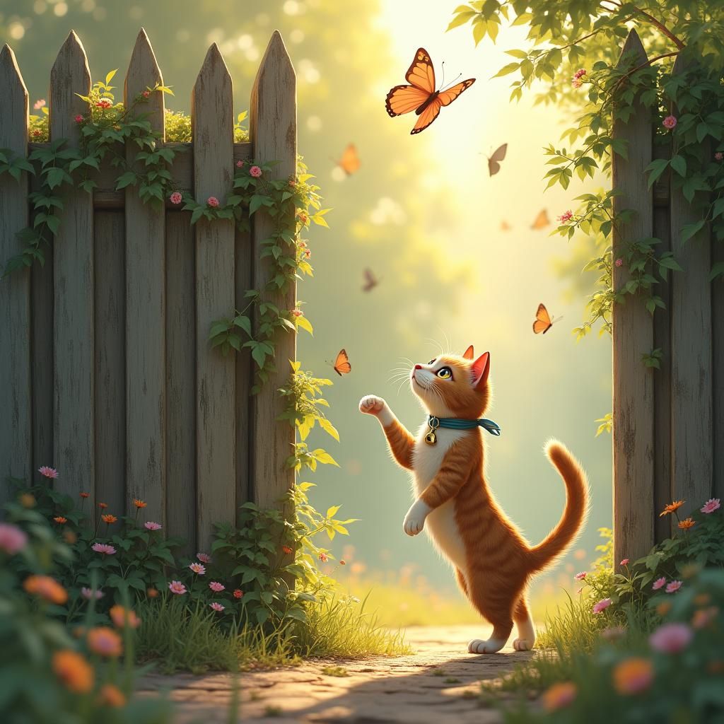 Whimsical Cat Leaps to Hyperdetailed Garden Scene