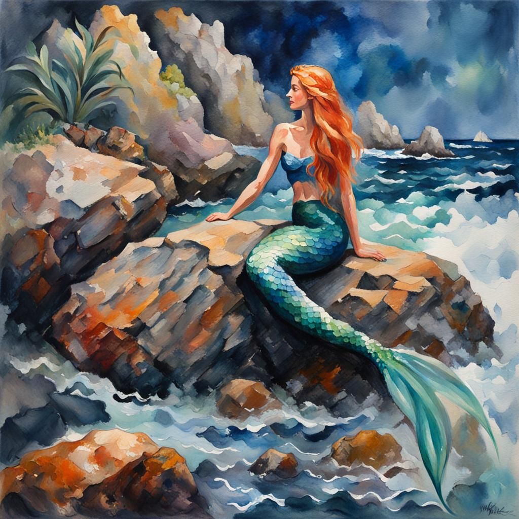 Mermaid on Rocks in Gouache Watercolor Style