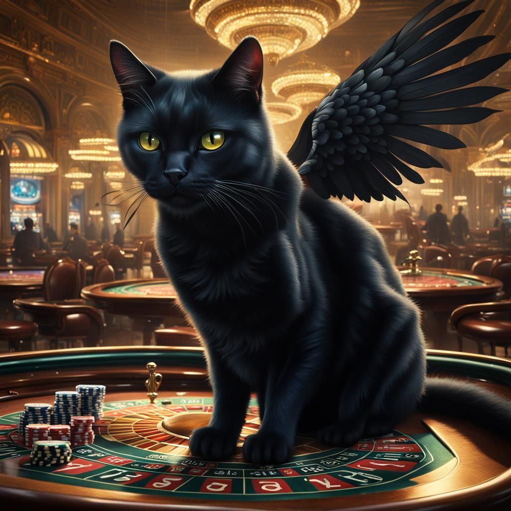 Winged Black Cat at Casino: Digital Matte Painting