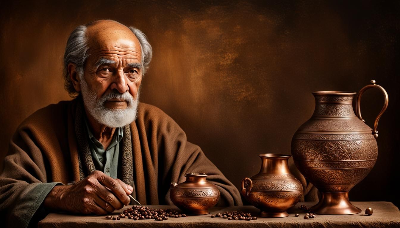 Ancient Persian Inventor Crafting Metal Vessel: Photorealist...