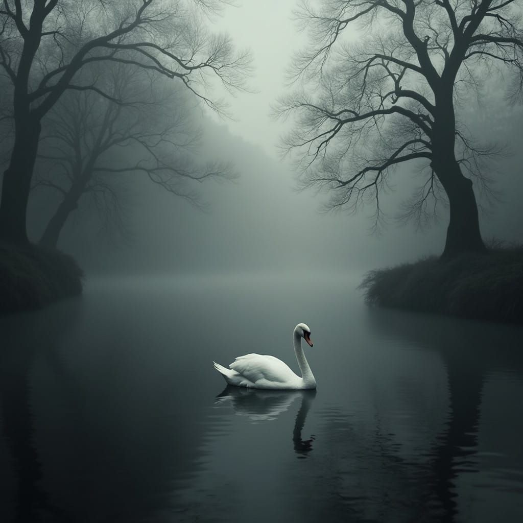Ethereal Black and White Swan in a Dark Lake, Pictorialist S...