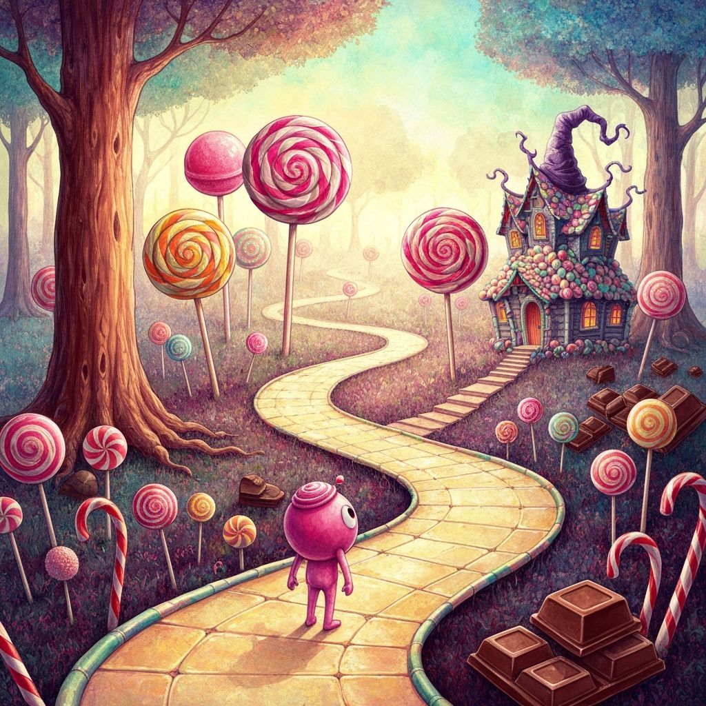 Whimsical Candy Forest Landscape in Dreamlike Watercolor