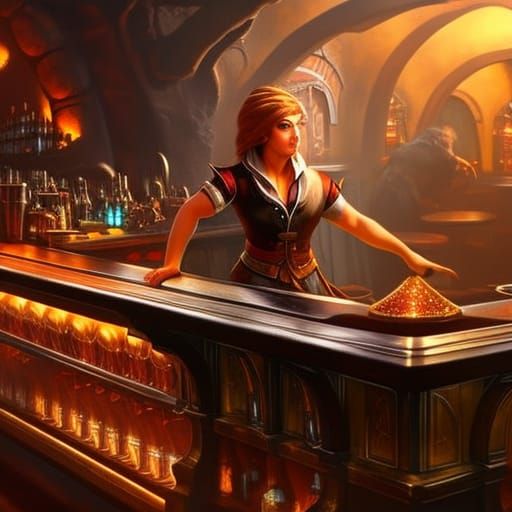 Hyperrealistic Hobbit Bartender in Splash Art Style