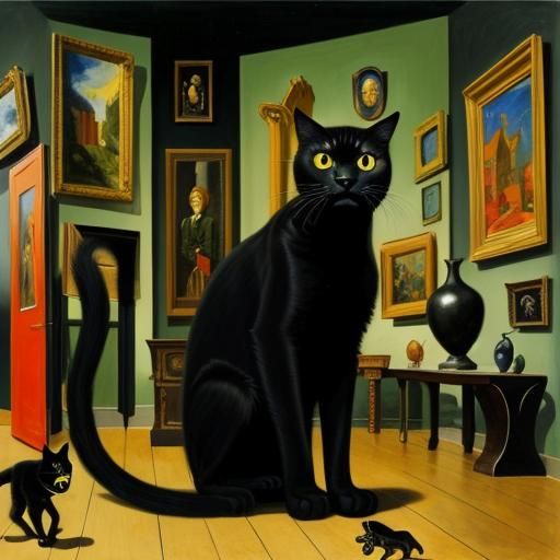 Black Cat Hiding in Museum: Surreal Oil Painting
