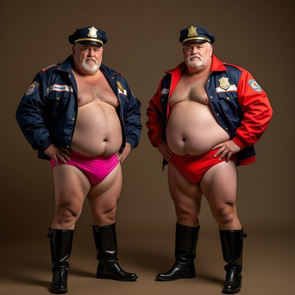 Two Burly Men in Speedos and Police Gear