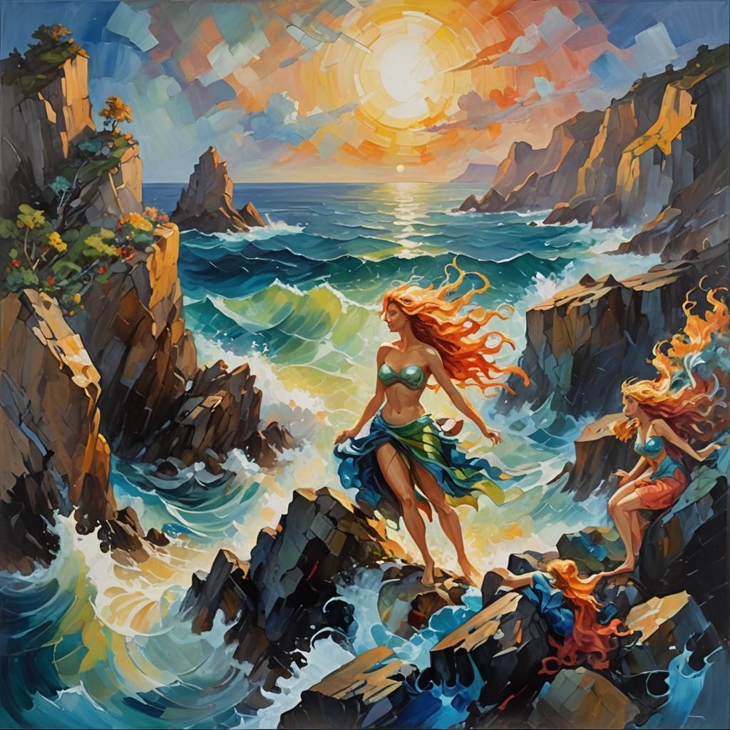 Fluorescent color painting, Majestic sea nymphs, the Sirens,...