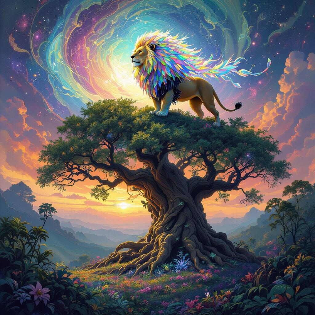 Lion of Glass Shards Over Alien Jungle