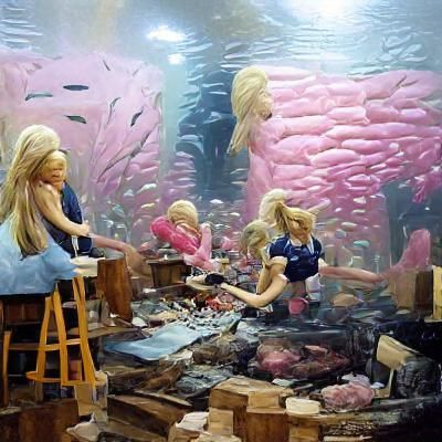 Barbie Woodworkers in Fish Tank: Oil Painting
