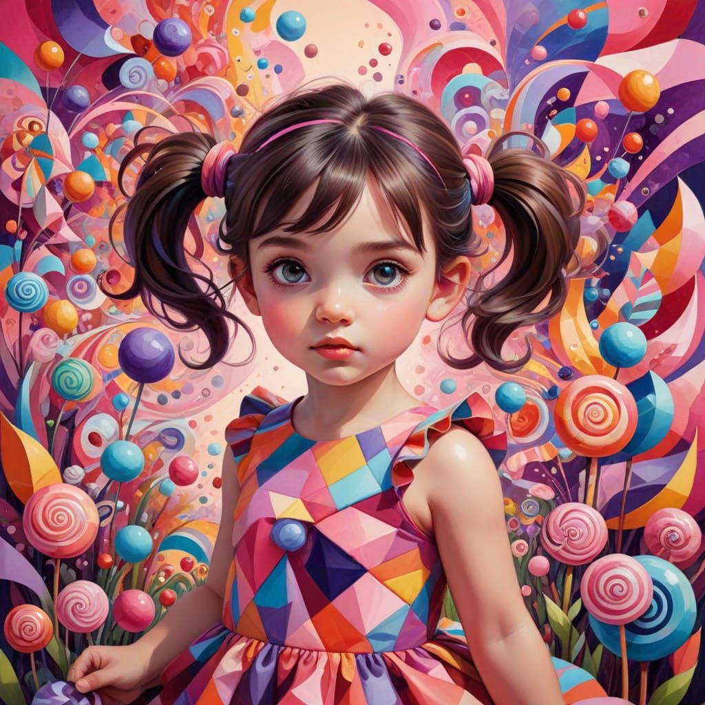 Hispanic Toddler in Psychedelic Cubism Candyland Meadow