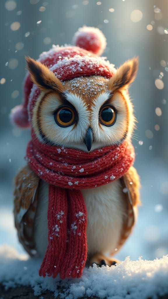 Dreamy Woodland Owl in Winter Hat and Scarf