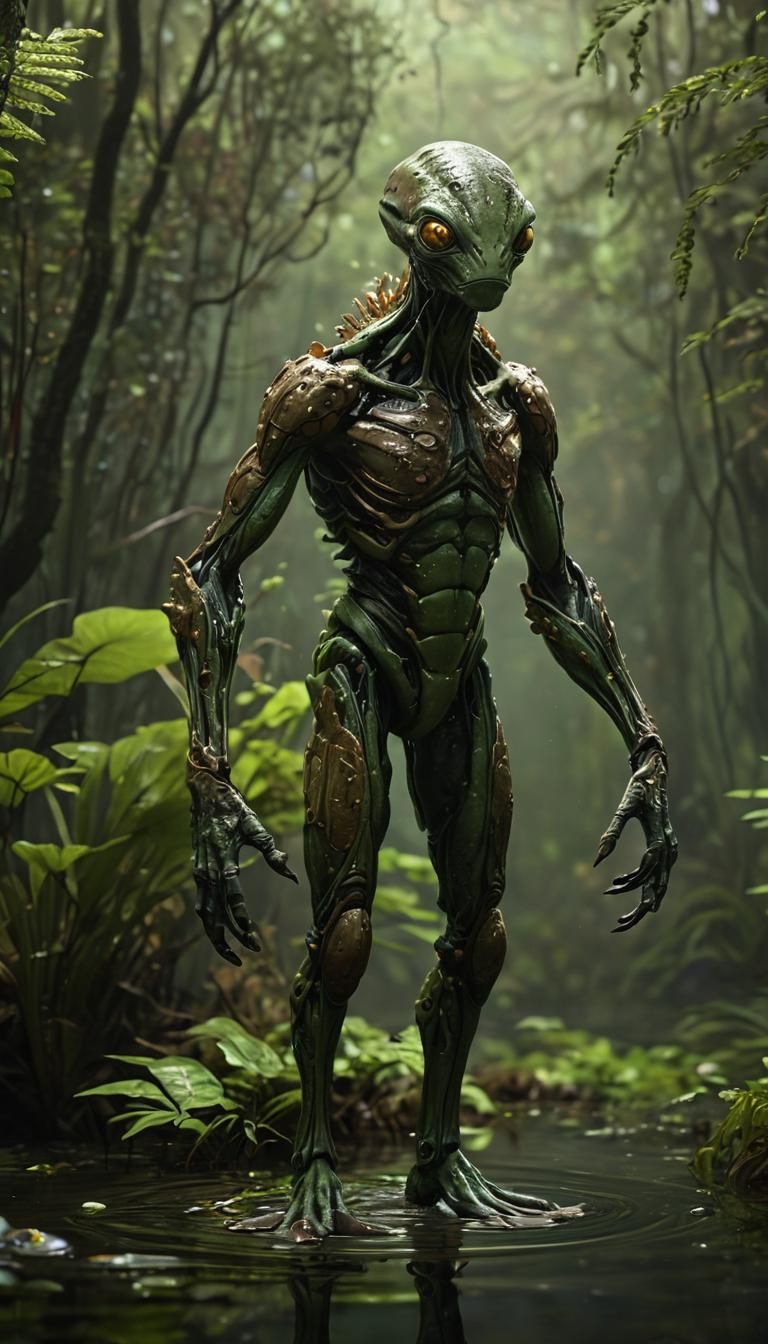 Visualize an amphibious alien named Gloctus, thriving in a m...
