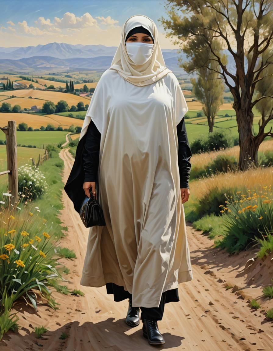European Woman in Niqab Walking Through Countryside: Oil Pai...