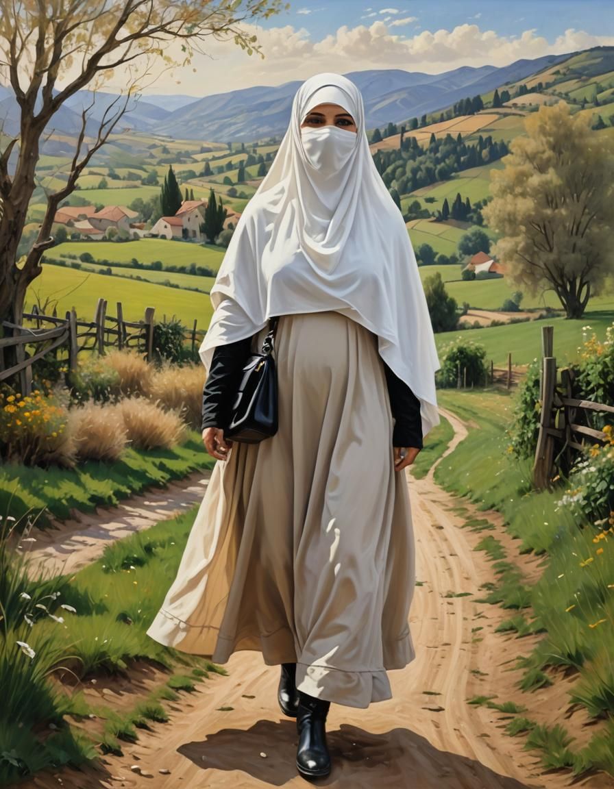 European Woman in Niqab in Countryside Oil Painting