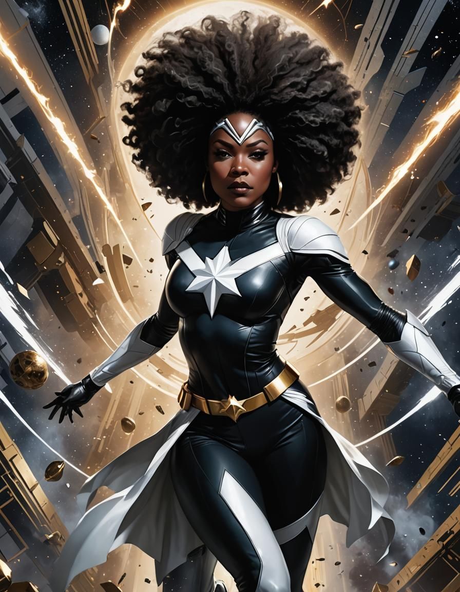 Baroque-Inspired Superheroine in Dynamic Flight