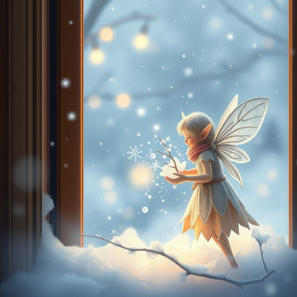 Winter Elf Paints Frost Flowers on Window in Ethereal Light