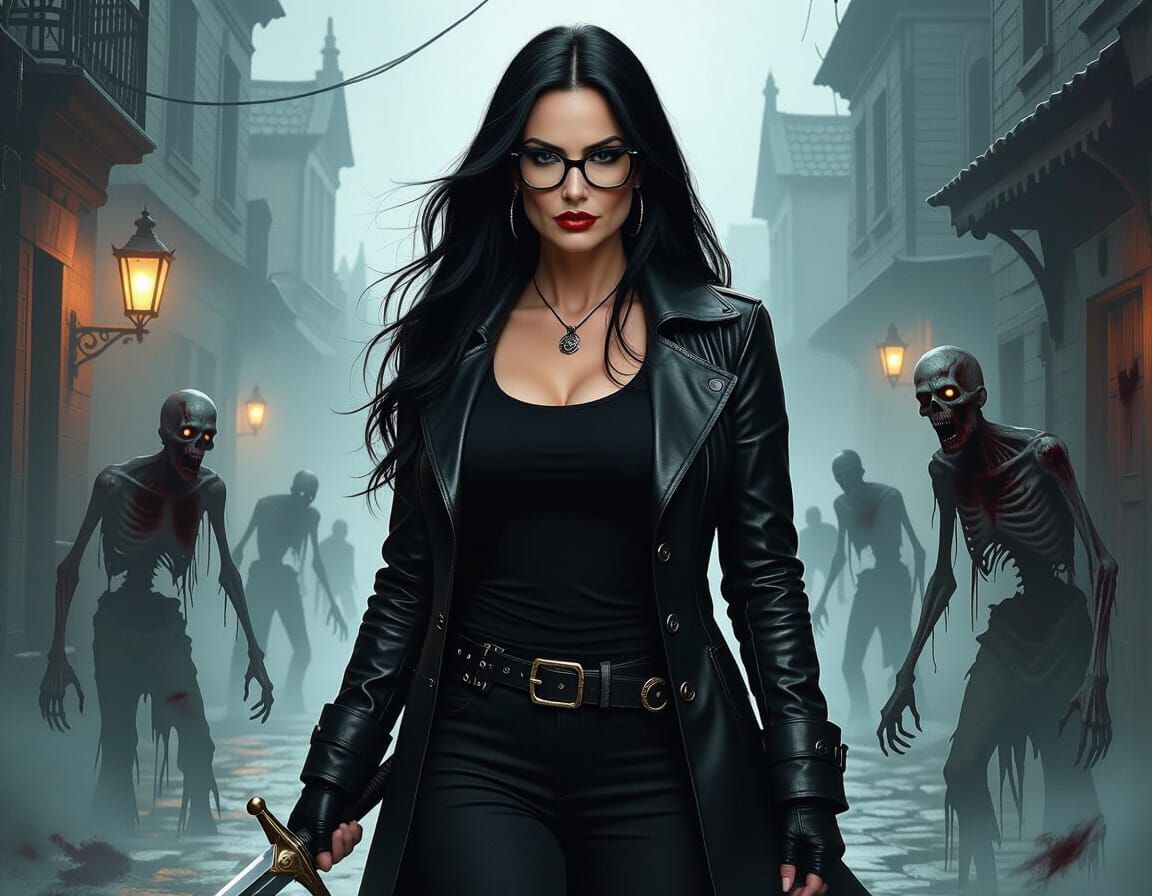 Woman with Sword in Misty Street, Dark Fantasy